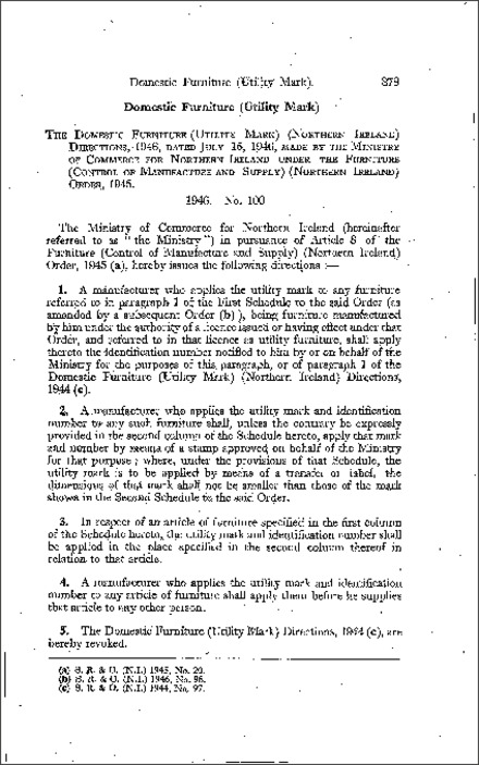 The Domestic Furniture (Utility Mark) Directions (Northern Ireland) 1946