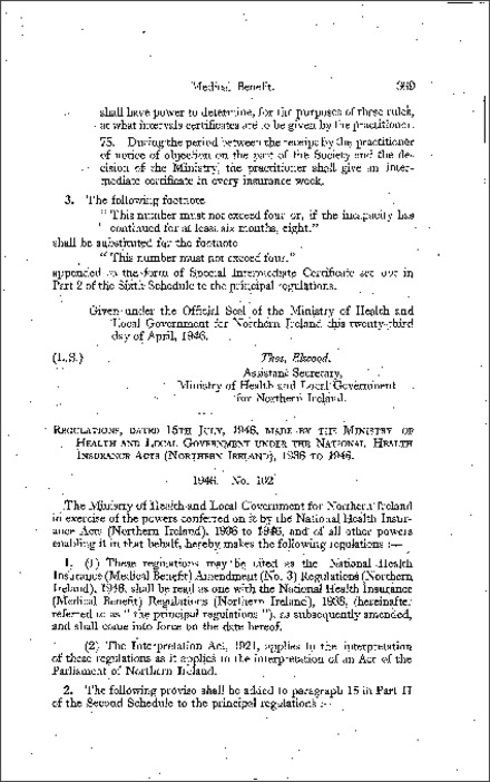The National Health Insurance (Medical Benefit) Amendment (No. 3) Regulations (Northern Ireland) 1946