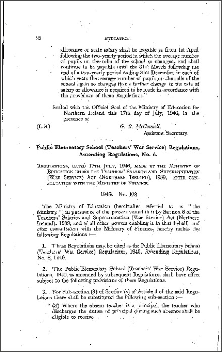 The Public Elementary School (Teachers' War Service) Amending No. 6 Regulations (Northern Ireland) 1946