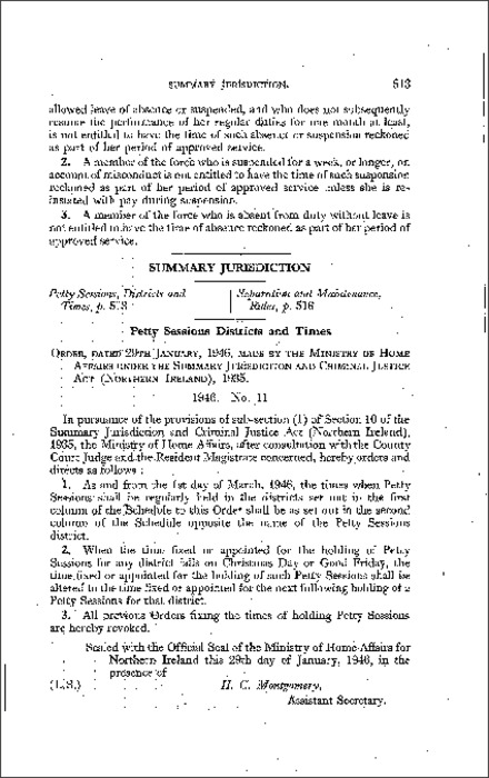 The Petty Sessions Districts and Times Order (Northern Ireland) 1946