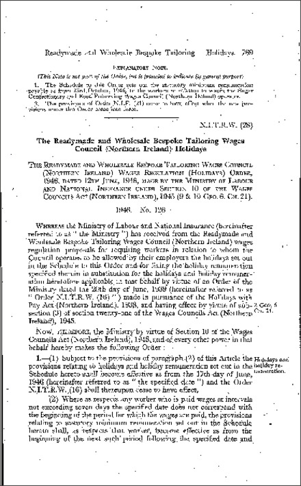 The Readymade and Wholesale Bespoke Tailoring Wages Council Wages Regulations (Holidays) Order (Northern Ireland) 1946