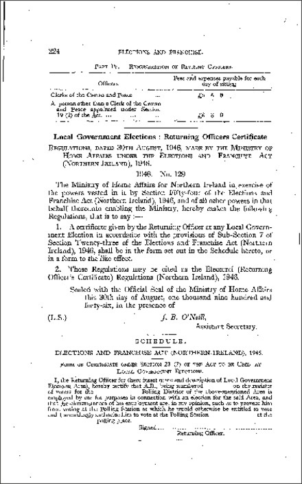 The Electoral (Returning Officer's Certificate) Regulations (Northern Ireland) 1946