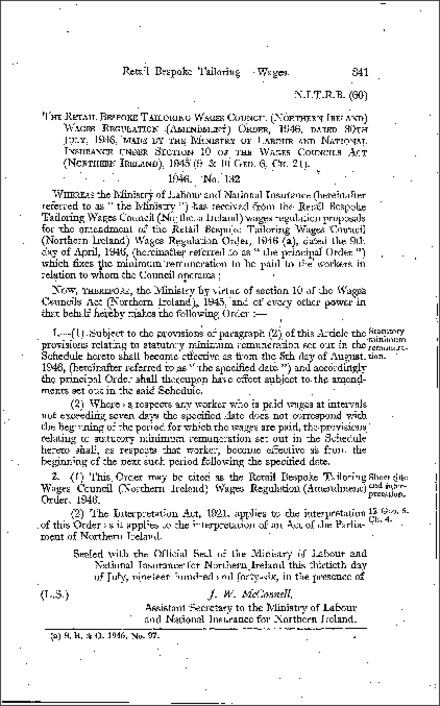 The Retail Bespoke Tailoring Wages Council Wages Regulations (Amendment) Order (Northern Ireland) 1946