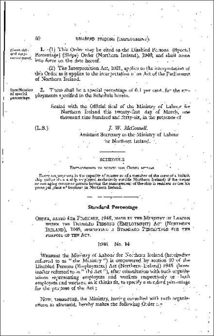 The Disabled Persons (Standard Percentage) Order (Northern Ireland) 1946
