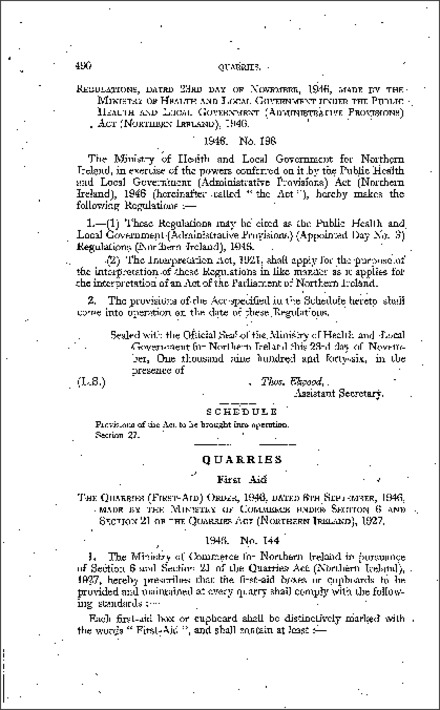 The Quarries (First-Aid) Order (Northern Ireland) 1946