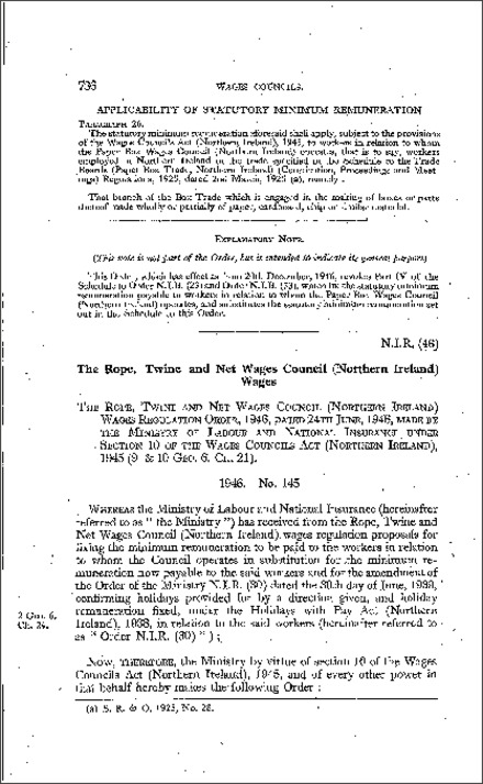 The Rope Twine and Net Wages Council Wages Regulations Order (Northern Ireland) 1946