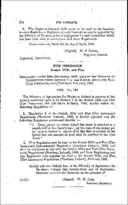 The Scutch Mills and Flax (Fire Insurance) (Amendment) Regulations (Northern Ireland) 1946