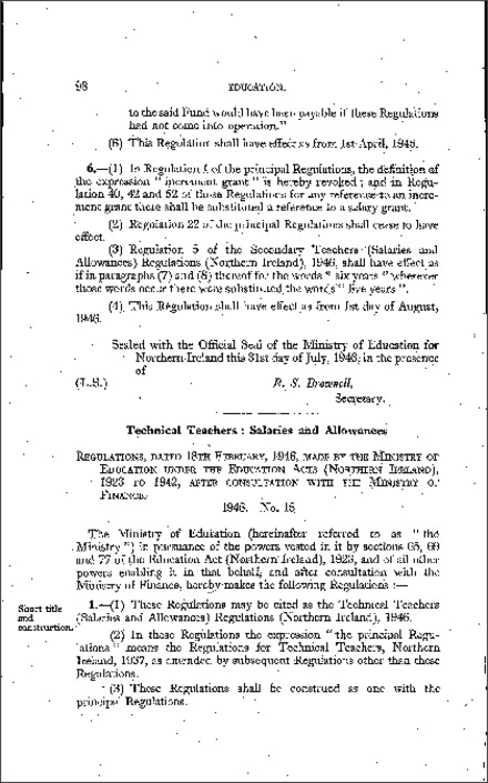 The Technical Teachers (Salaries and Allowances) Regulations (Northern Ireland) 1946