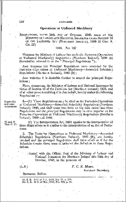 The Factories (Operations at Unfenced Machinery - Amended Schedule) Regulations (Northern Ireland) 1946
