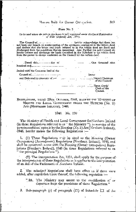 The Housing (Owner Occupation) (Amendment) Regulations (Northern Ireland) 1946