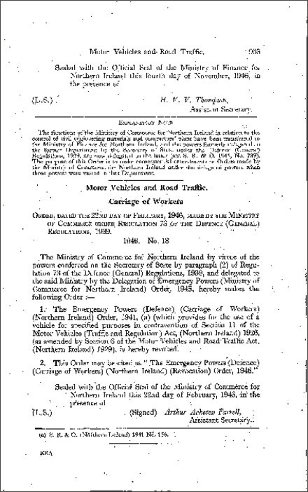 The Emergency Powers (Defence) (Carriage of Workers) (Revocation) Order (Northern Ireland) 1946