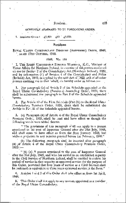 The Royal Ulster Constabulary Pensions (Amendment) Order (Northern Ireland) 1946