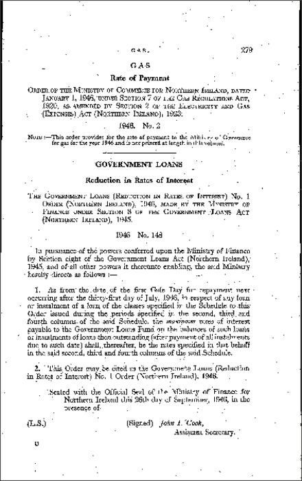 The Rate of Payment to Ministry of Commerce Order (Northern Ireland) 1946