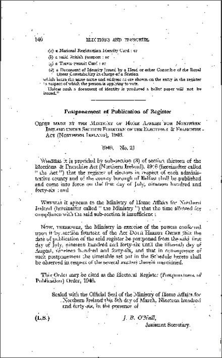 The Electoral Register (Postponement of Publication) Order (Northern Ireland) 1946