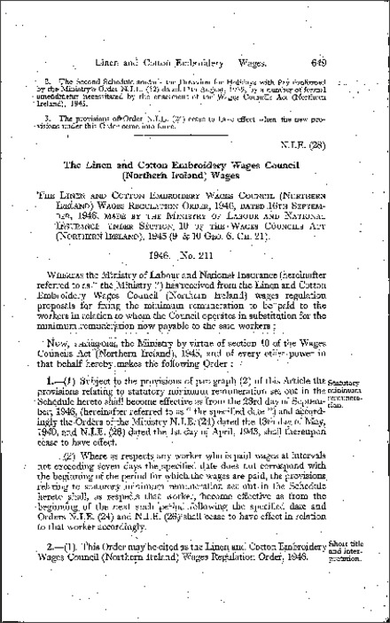 The Linen and Cotton Embroidery Wages Council Wages Regulations Order (Northern Ireland) 1946
