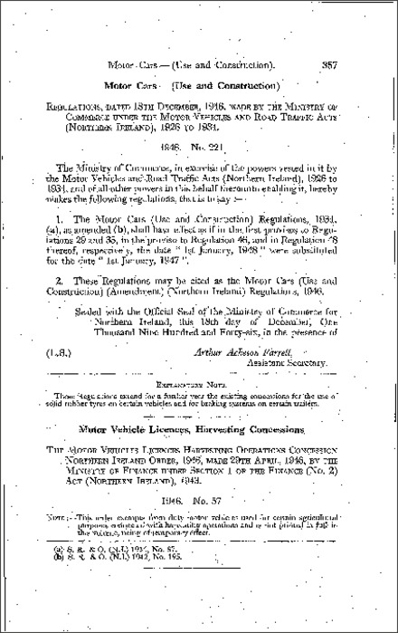 The Motor Cars (Use and Construction) (Amendment) Regulations (Northern Ireland) 1946