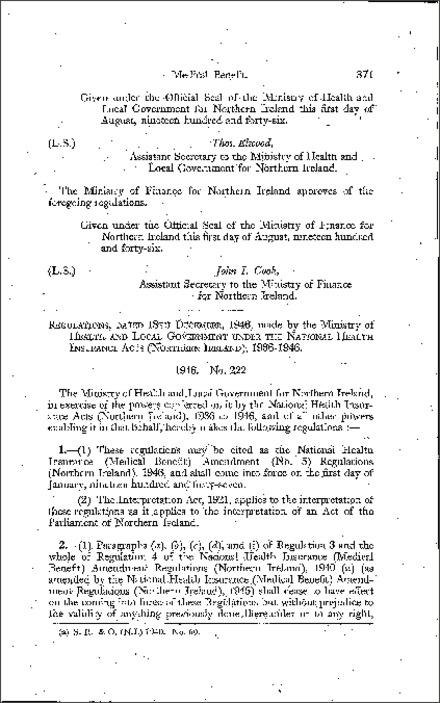 The National Health Insurance (Medical Benefit) Amendment (No. 5) Regulations (Northern Ireland) 1946