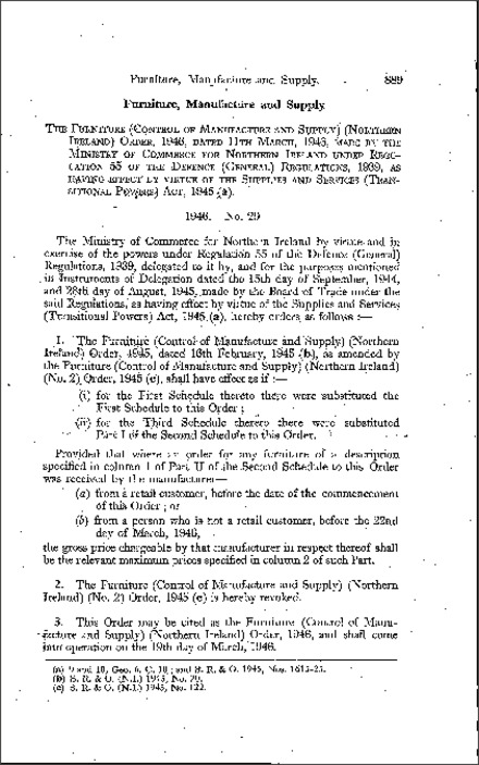 The Furniture (Control of Manufacture and Supply) Regulations (Northern Ireland) 1946