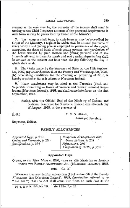 The Family Allowances (Appointed Days) Order (Northern Ireland) 1946