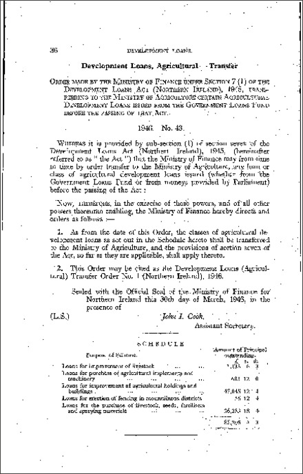 The Development Loans (Agricultural) Transfer No. 1 Order (Northern Ireland) 1946