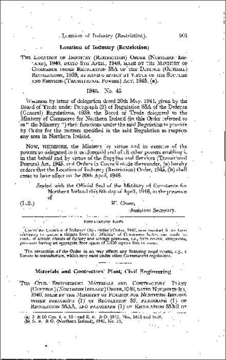 The Location of Industry (Restrictions) (Revocation) Order (Northern Ireland) 1946