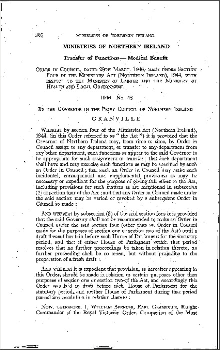 The Ministries (Transfer of Medical Benefit Functions) Order (Northern Ireland) 1946