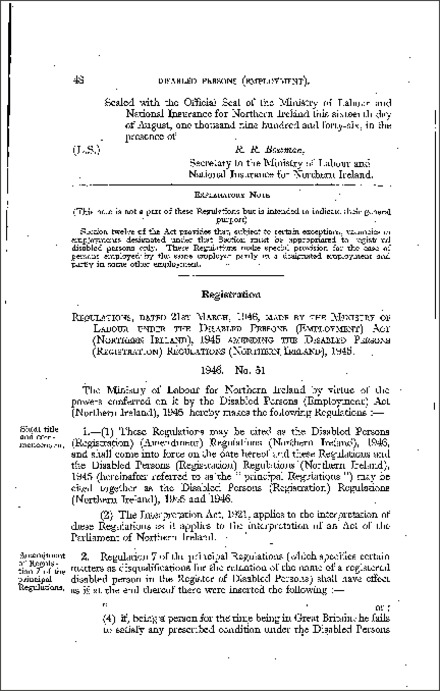 The Disabled Persons (Registration) (Amendment) Regulations (Northern Ireland) 1946