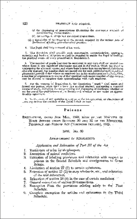 The Poison Regulations (Northern Ireland) 1946