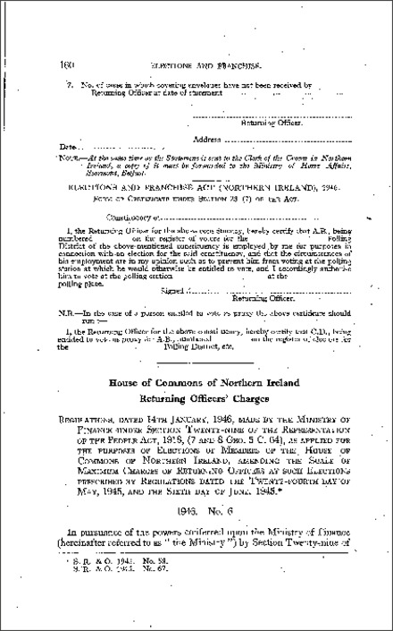 The Parliamentary Elections (Returning Officers Charges) Regulations (Northern Ireland) 1946