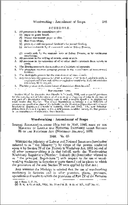 The Woodworking (Amendment of Scope) Special Regulations (Northern Ireland) 1946