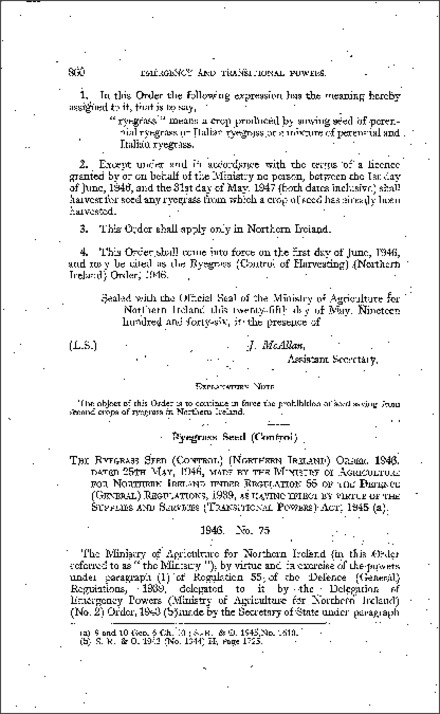 The Ryegrass Seed (Control) Order (Northern Ireland) 1946