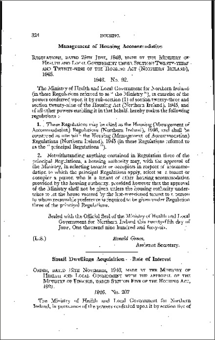 The Housing (Management of Accommodation) Regulations (Northern Ireland) 1946