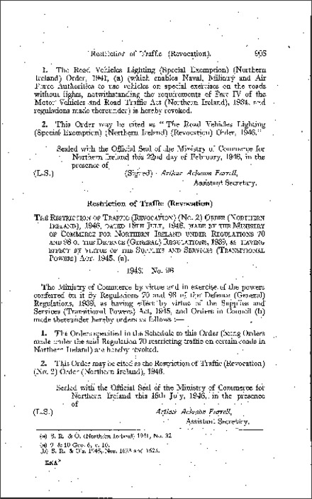 The Restriction of Traffic (Revocation) (No. 2) Order (Northern Ireland) 1946