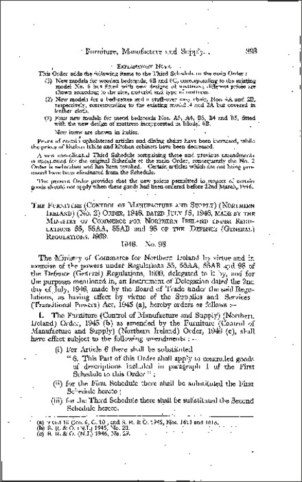 The Furniture (Control of Manufacture and Supply) (No. 2) Order (Northern Ireland) 1946