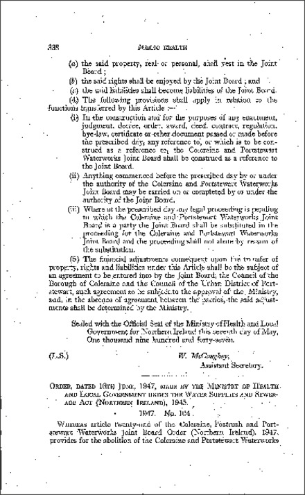 The Order declaring the prescribed day for the Coleraine, Portrush and Portstewart Water Works Joint Board Order (Northern Ireland) 1947