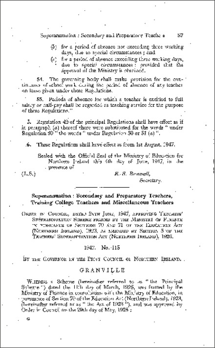 The Teachers' (Secondary and Preparatory) Superannuation (Amendment) Scheme (Northern Ireland) 1947