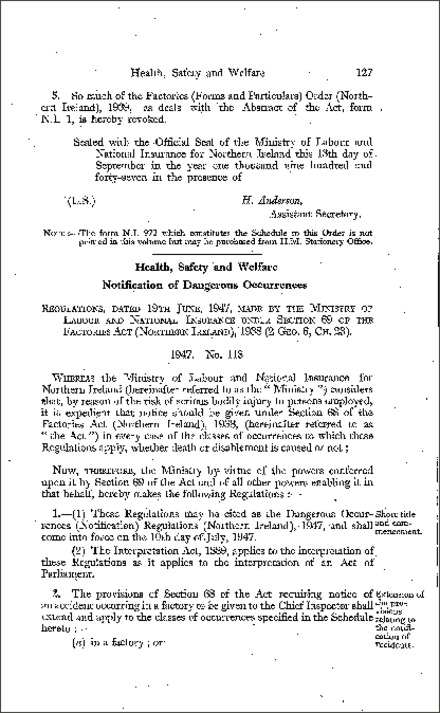 The Dangerous Occurrences (Notification) Regulations (Northern Ireland) 1947