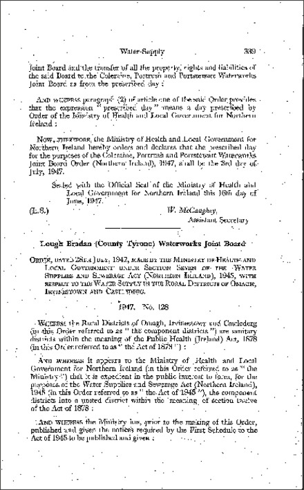 The Lough Bradon (County Tyrone) Water Works Joint Board Order (Northern Ireland) 1947