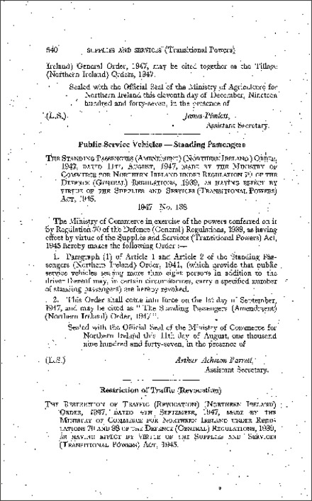 The Standing Passengers (Amendment) Order (Northern Ireland) 1947