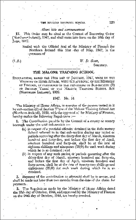 The Malone Training School Contributions Regulations (Northern Ireland) 1947