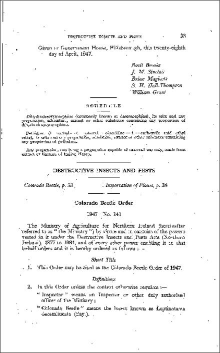 The Colorado Beetle Order (Northern Ireland) 1947