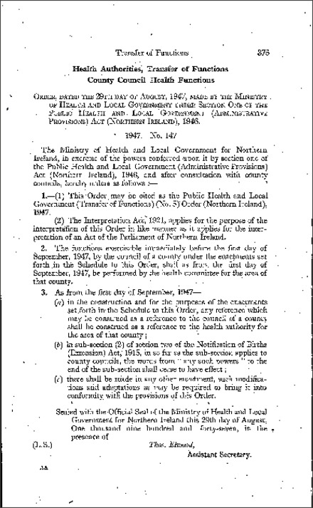 The Public Health and Local Government (Transfer of Functions) (No. 5) Order (Northern Ireland) 1947