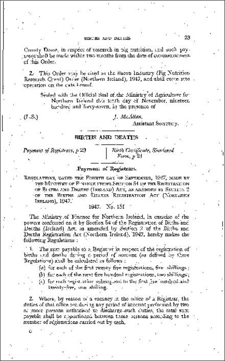 The Registration of Births and Deaths (Payment of Registrars) Regulations (Northern Ireland) 1947