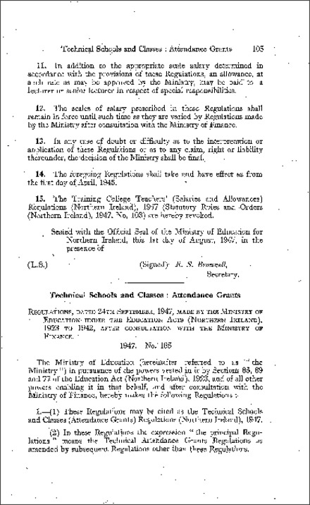 The Technical Schools and Classes (Attendance Grants) Regulations (Northern Ireland) 1947