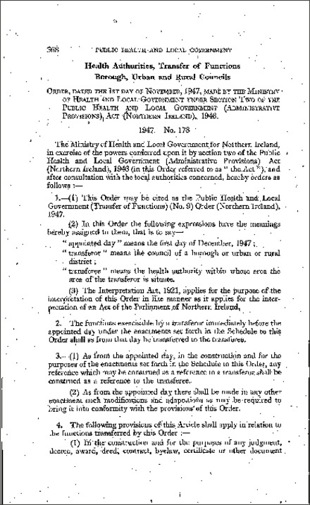 The Public Health and Local Government (Transfer of Functions) (No. 9) Order (Northern Ireland) 1947