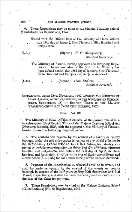 The Malone Training School (Contributions) (No. 2) Regulations (Northern Ireland) 1947
