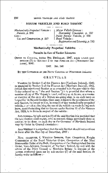 The Permits for Mechanically-propelled Vehicles (Expiry of Enactments) Order (Northern Ireland) 1947