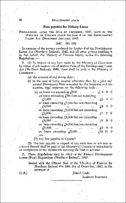 The Fishery Development Loans (Fees) Regulations (Northern Ireland) 1947
