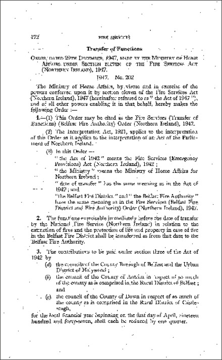 The Fire Services (Transfer of Functions) (Belfast Fire Authority) Order (Northern Ireland) 1947