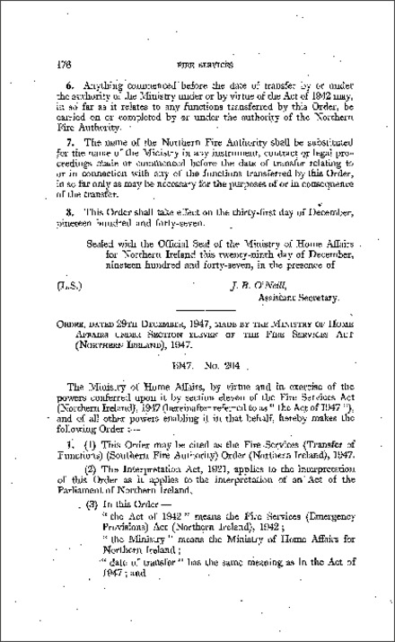 The Fire Services (Transfer of Functions) (Southern Fire Authority) Order (Northern Ireland) 1947